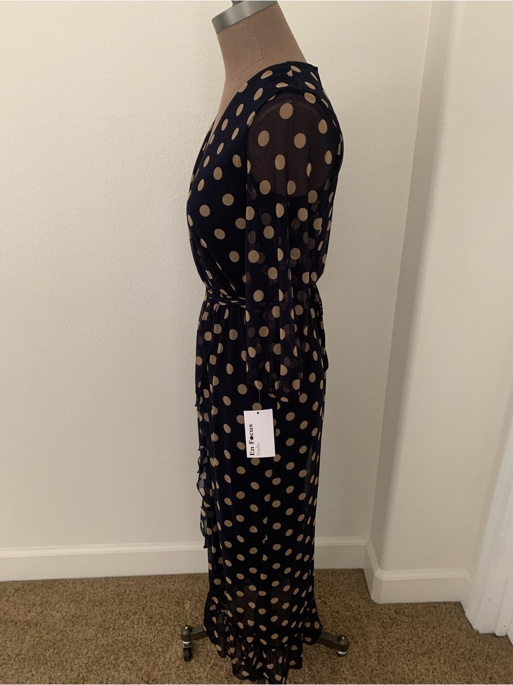 En Focus Studio Navy/Taupe Polka Dot Maxi Dress